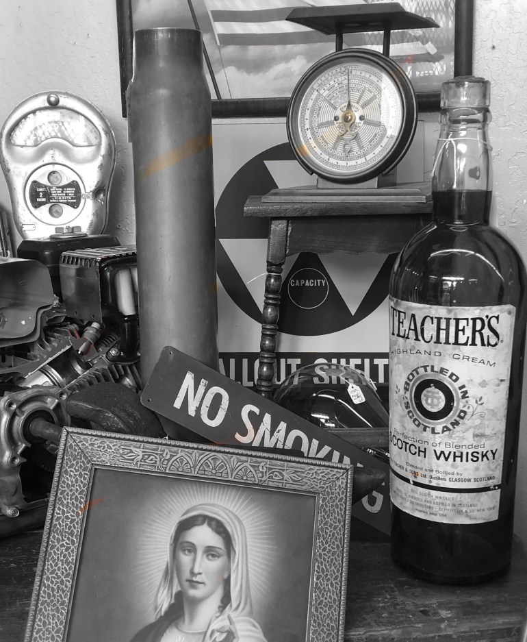 airplane propeller, steam engine, an Aussie Long Ride Coat, industrial, religious relics anvils, advertising